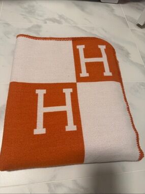 Luxury Orange and White Checker Throw Blanket - H Monogram